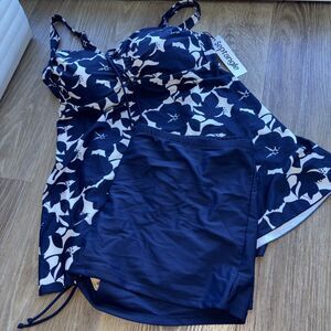 Septangle Swimsuits navy blue floral two piece Dress Top shorts 24 New Lined Pad